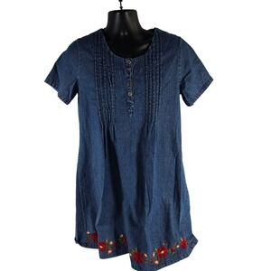 Country Store Denim Blue Jean Dress Embroidered Floral Short Sleeve Button ‎ M